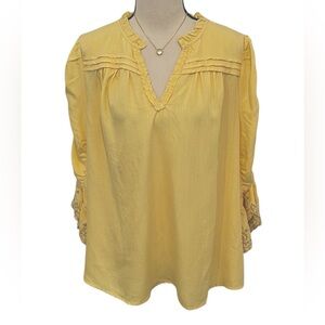 Democracy | Yellow Blouse with stitched embroidered bell sleeves Sz 1X